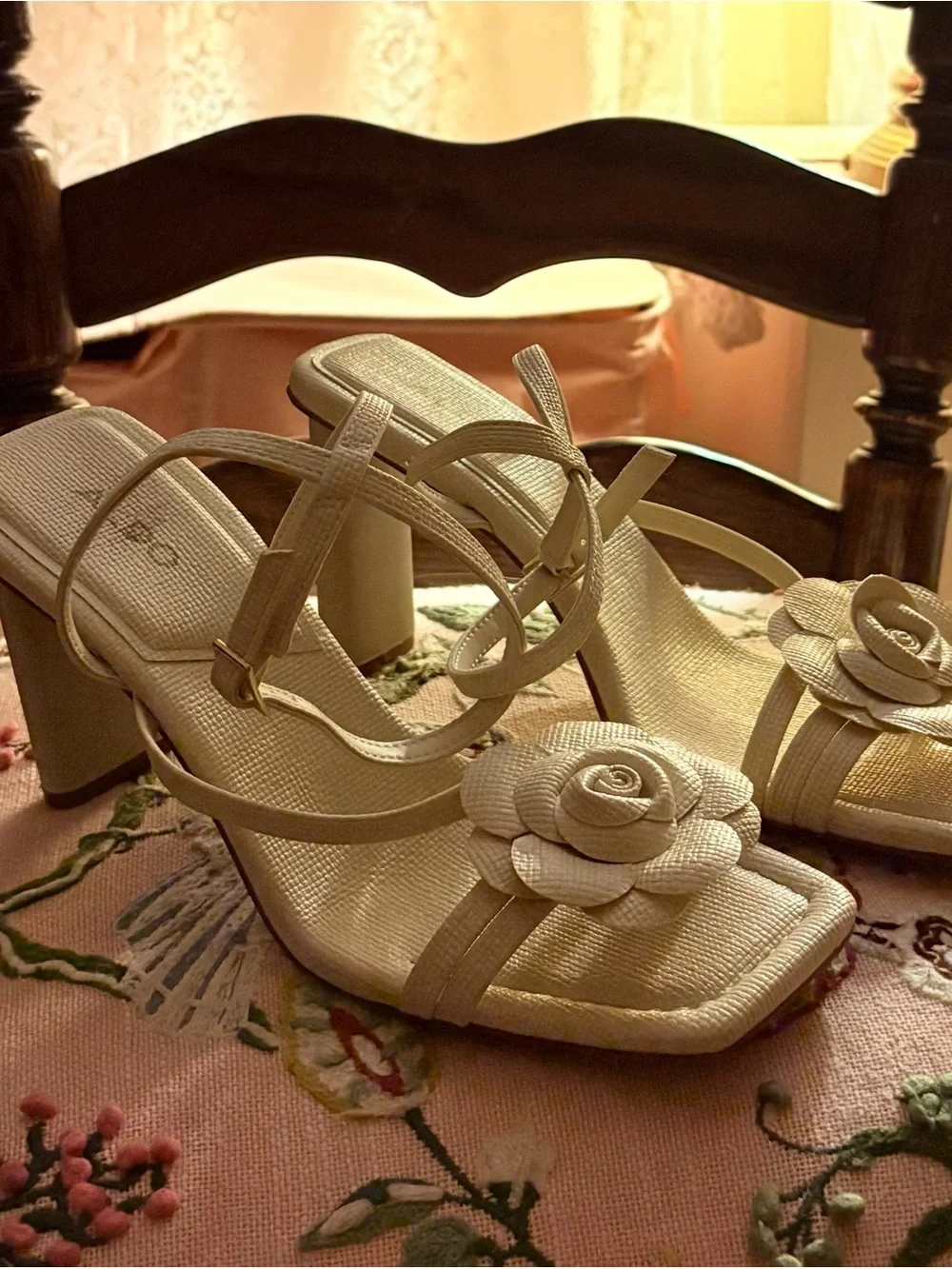 ALDO Cream Floral Strappy Block Heel Sandals